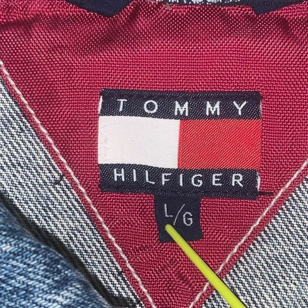 VTG Tommy Hilfiger Womens Size Large Button Front‎ Denim Jacket Blue Hidden Hood